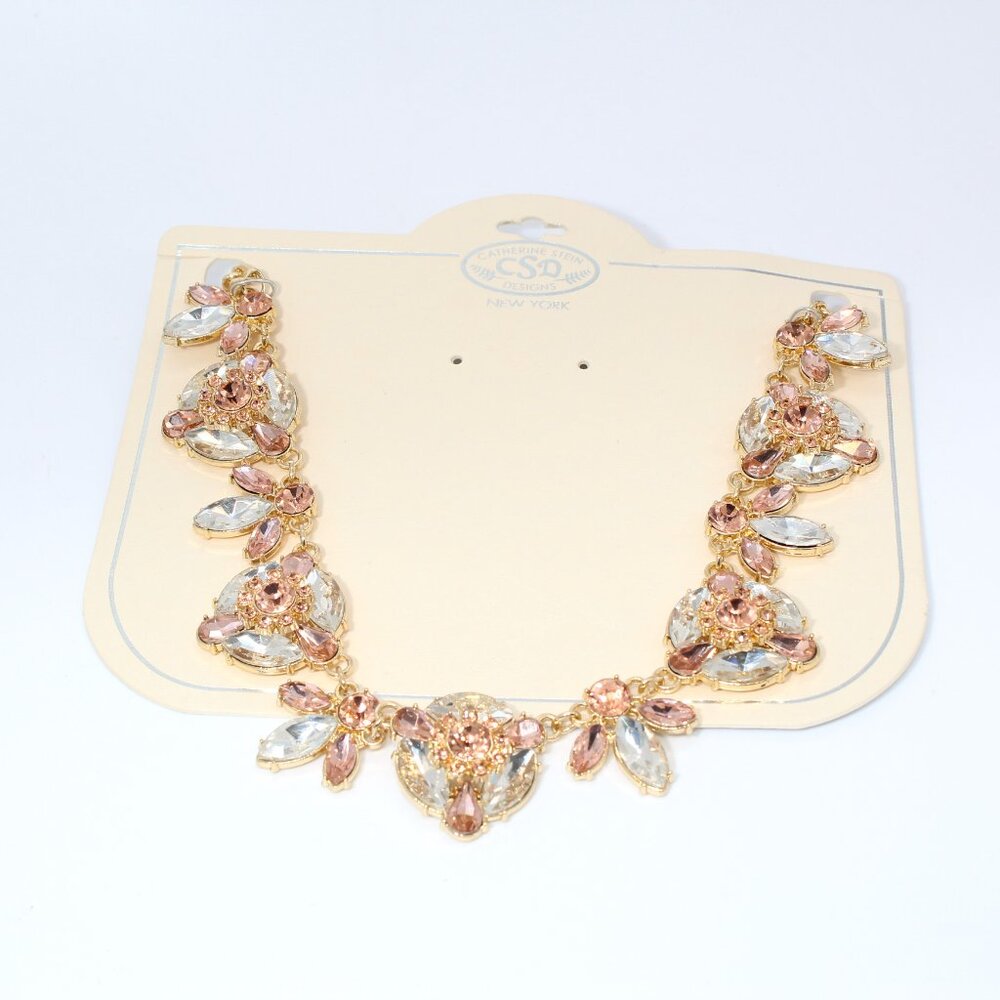 NWT Catherine Stein Clear and Pink Stone Gold-tone Statement Necklace